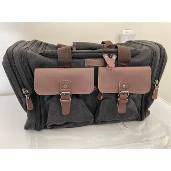 50L Travel Duffel Bag Expandable Canvas Genuine Leather Duffle Bag